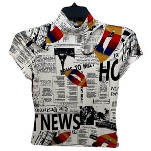 SAY ANYTHING Newsprint & Lips Punk Stretch Mock Turtleneck Top Vintage